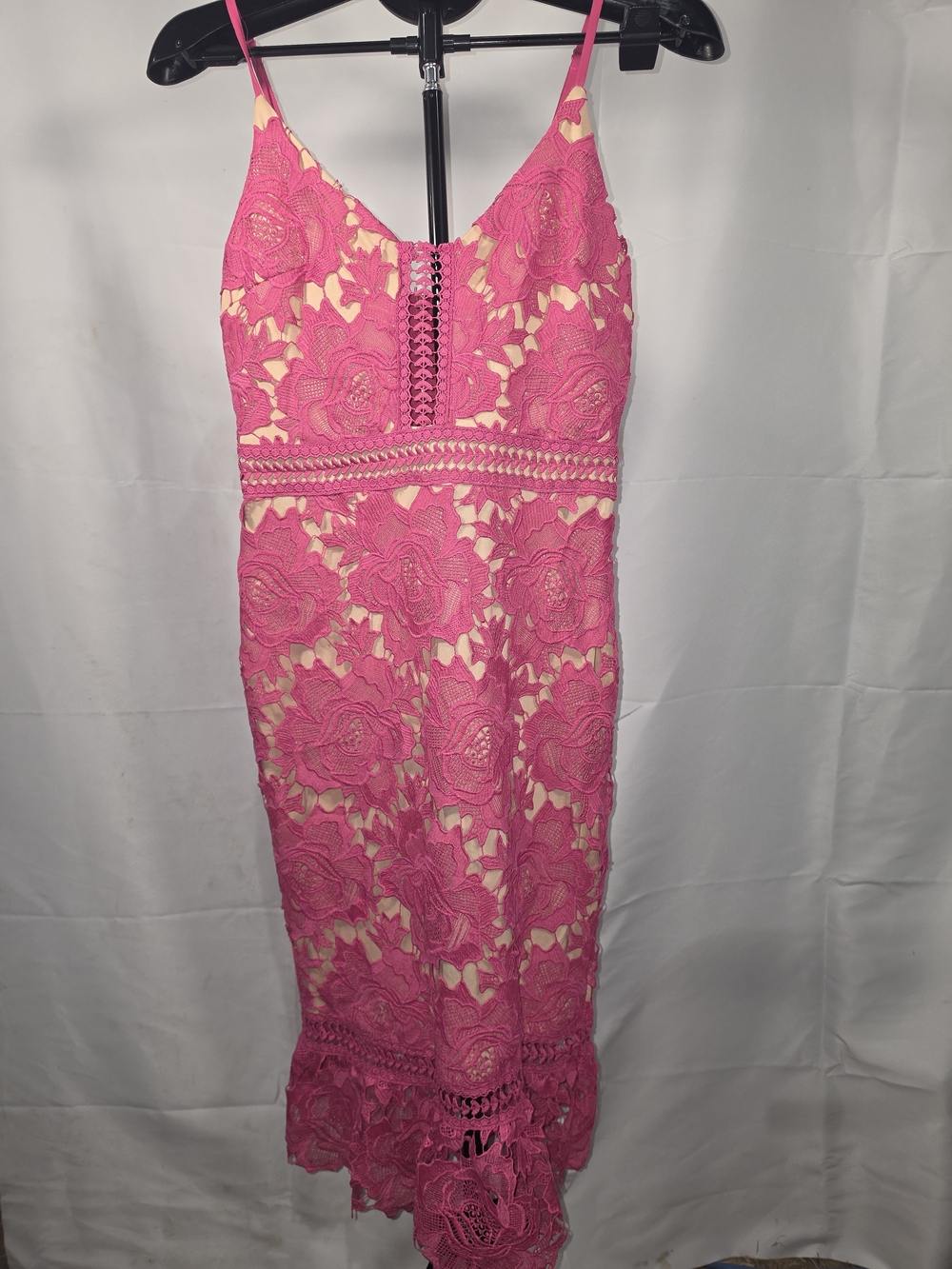 Gianni Bini Hot Pink/Fuscia Floral Lace Midi Bodycon Dress with Crochet Waist